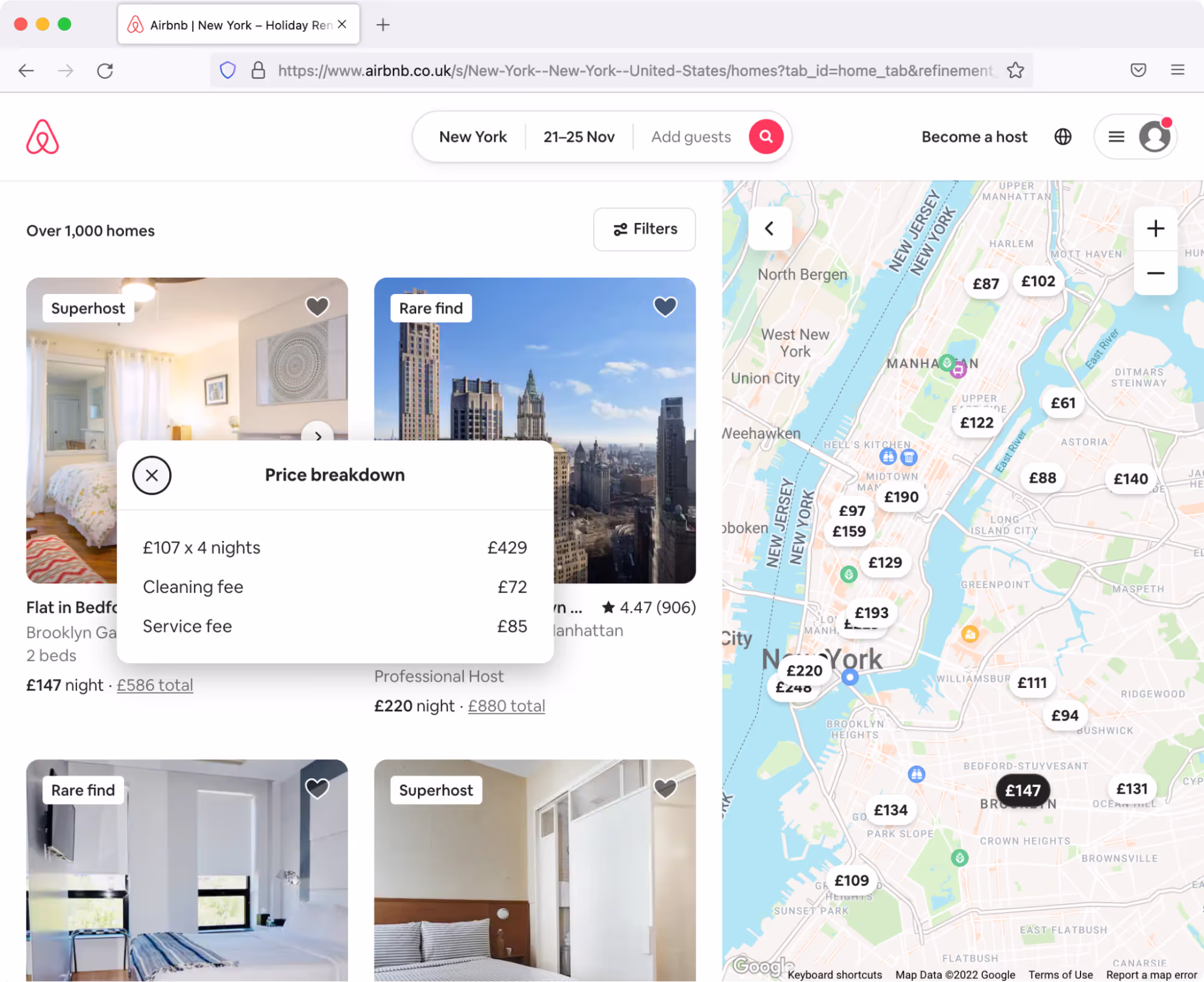 Screenshot of airbnb.co.uk, showing total cost for each of various locations. A pop-over shows the price breakdown. 