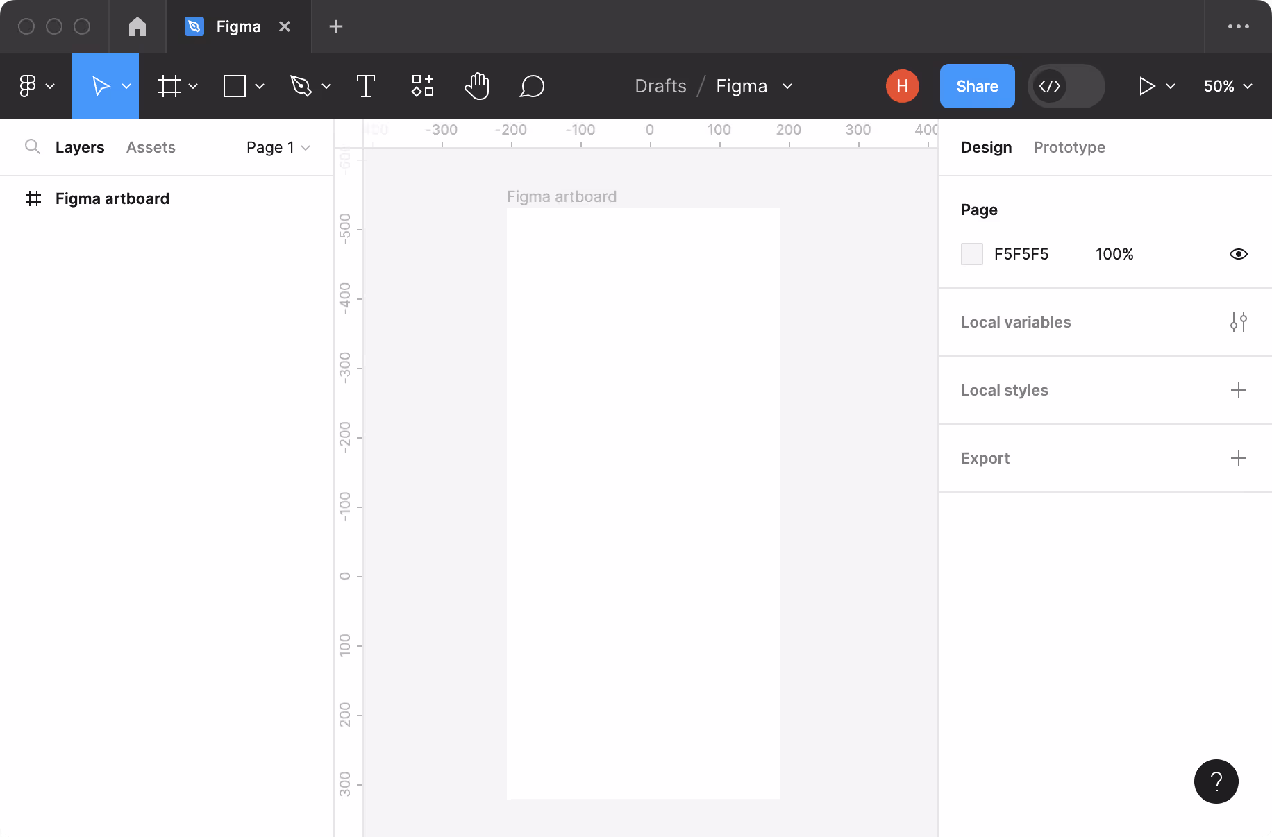 Screenshot of the Figma interface, showing various menu bars, buttons and editing panels. At top right is a prominent blue button, labelled ‘Share’.