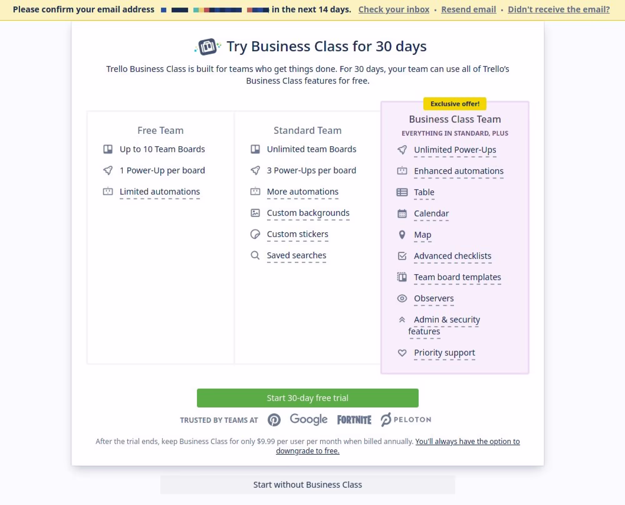 Screenshot from Trello website showing the sign-up link ‘Start without Business Class’ below what appears to be the bottom of the page.