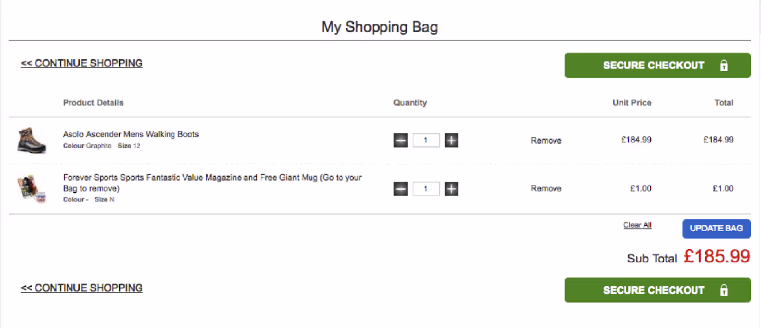 Screenshot of a checkout page listing the contents of an online shopping basket. As well as the walking boots selected earlier, a magazine and mug have been added to the basket. The total price is £185.99.