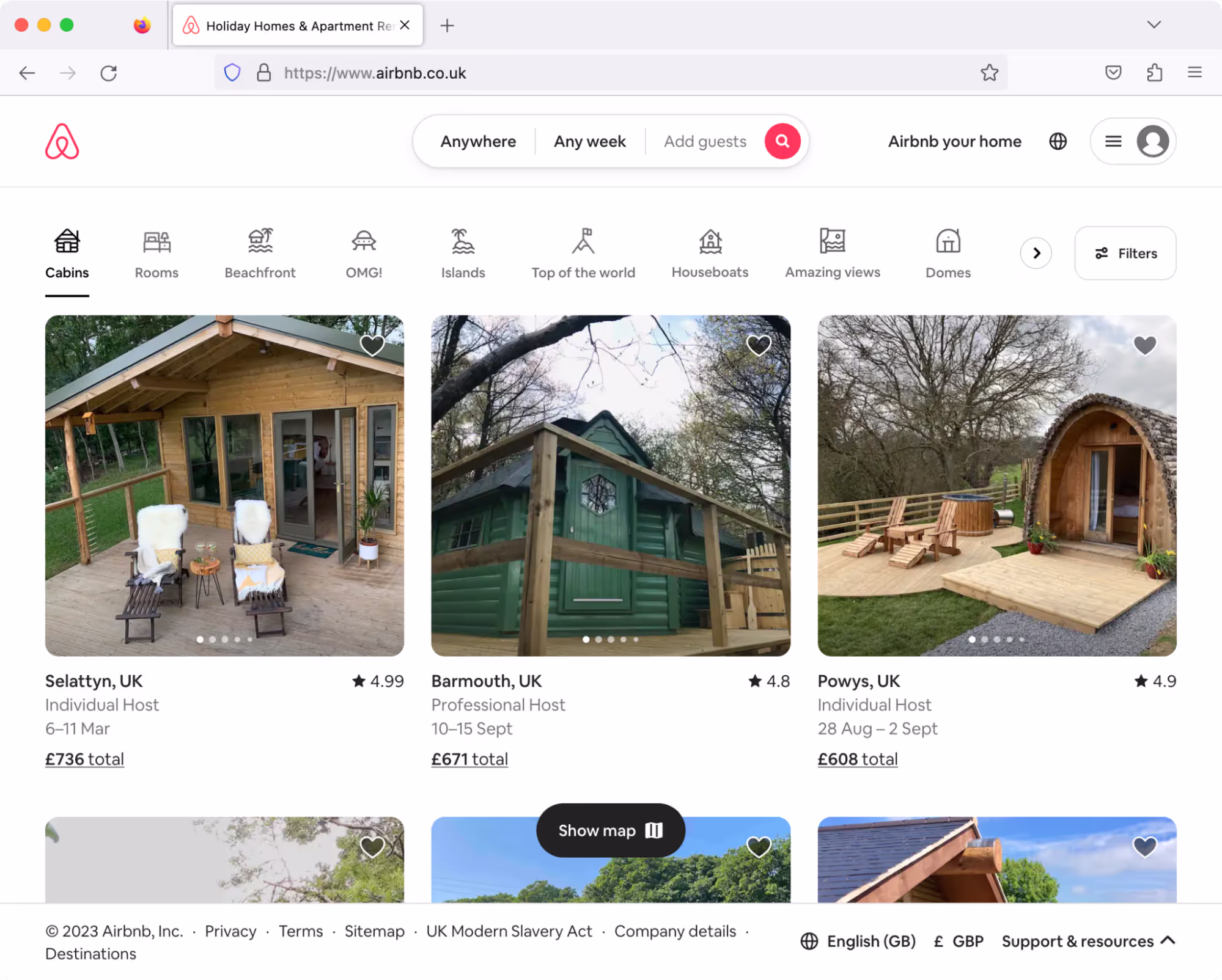 Screenshot of airbnb.co.uk, showing total cost for each of various locations.