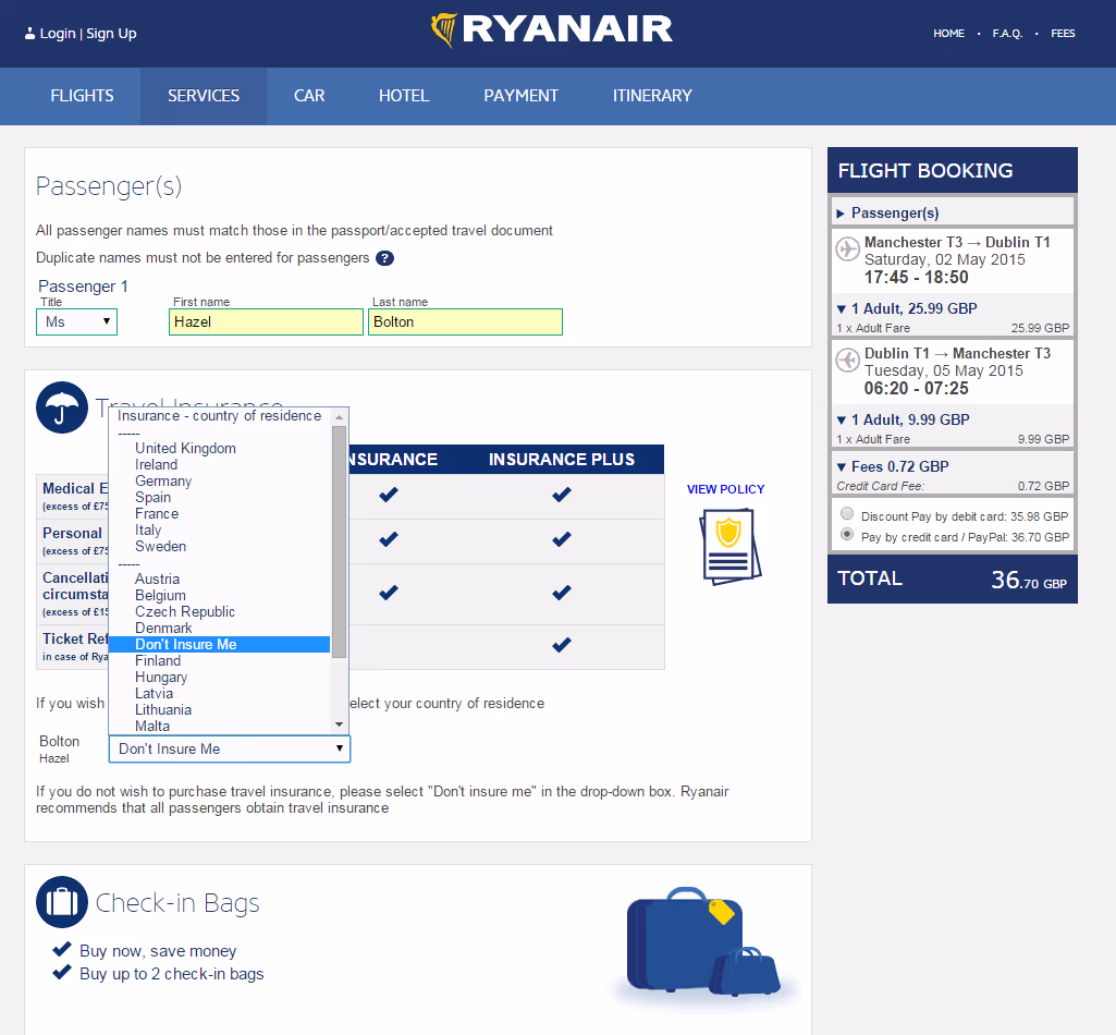 Screenshot from Ryanair’s website showing a form adding travel insurance to the cost of a flight. In the dropdown for users to select their country of residence, the option ‘Don’t Insure Me’ has been listed between Denmark and Finland in the alphabetical list of countries.