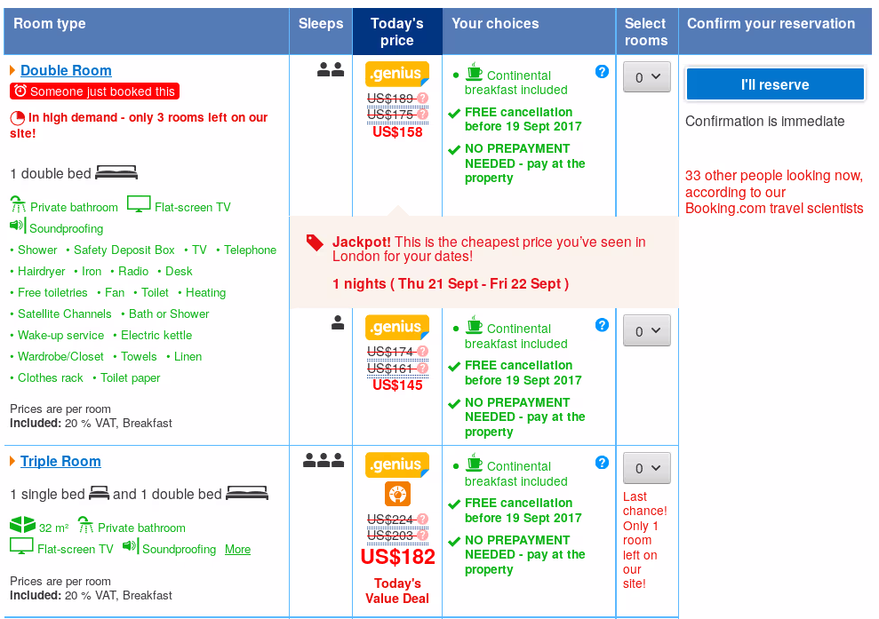 Screenshot from Booking.com showing the options for a double room in a hotel. The text includes various ways users were manipulated into booking, such as a notice in white text on a red background that ‘Someone just booked this’; a notice in red text on a pale background that ‘This is the cheapest price you’ve seen’, even though this is the only price the user has seen; prices for the booking that have been struck through, indicating that the price has been reduced.