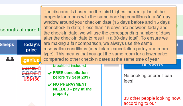 Screenshot from Booking.com showing text that appears when the user hovers their mouse over struck-through prices indicating a discount. The text states that the apparent discounts are not based on the booking dates specified by the user, but on a month-long window either side of the booking dates.