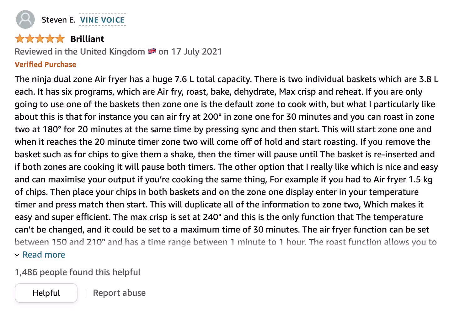 UK review from Steven E (labelled ‘VINE VOICE’) on 17 July 2021. Five stars awarded, with the comment ‘Brilliant’ and label ‘Verified Purchase’.