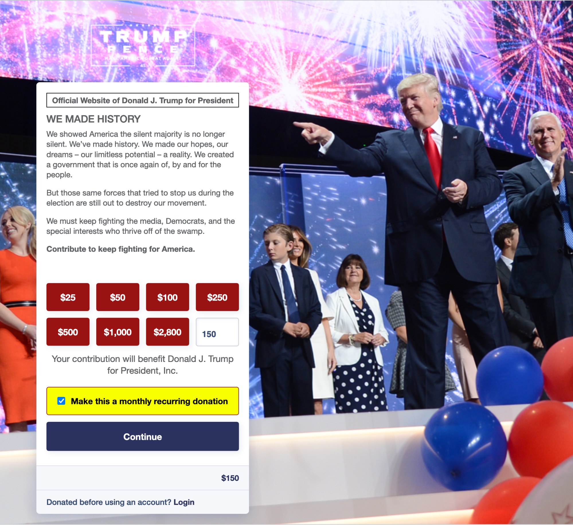 Screenshot from Trump 2020 presidential campaign website. Over a photograph featuring President Trump and Vice President Pence is a request for donations to the campaign. As well as suggested donation amounts ranging from $25 to $2,800 is a checkbox labelled ‘Make this a monthly recurring donation’. The checkbox is ticked by default.