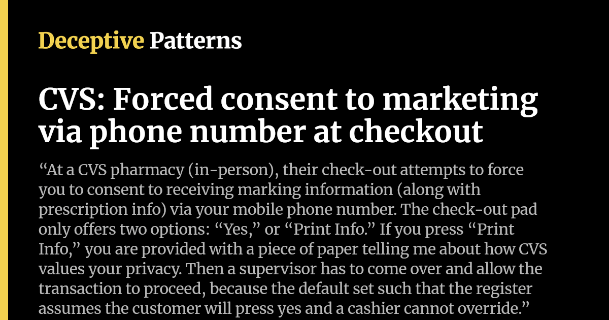 CVS: Forced consent to marketing via phone number at checkout ...