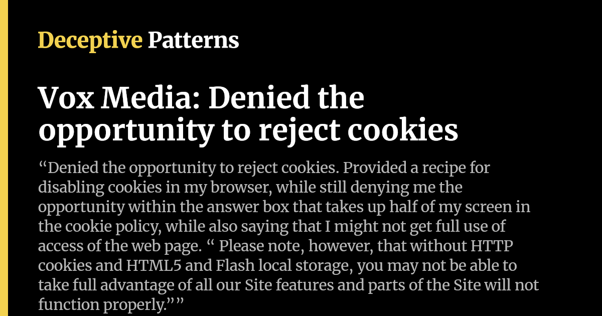 Vox Media: Denied the opportunity to reject cookies | Deceptive Patterns